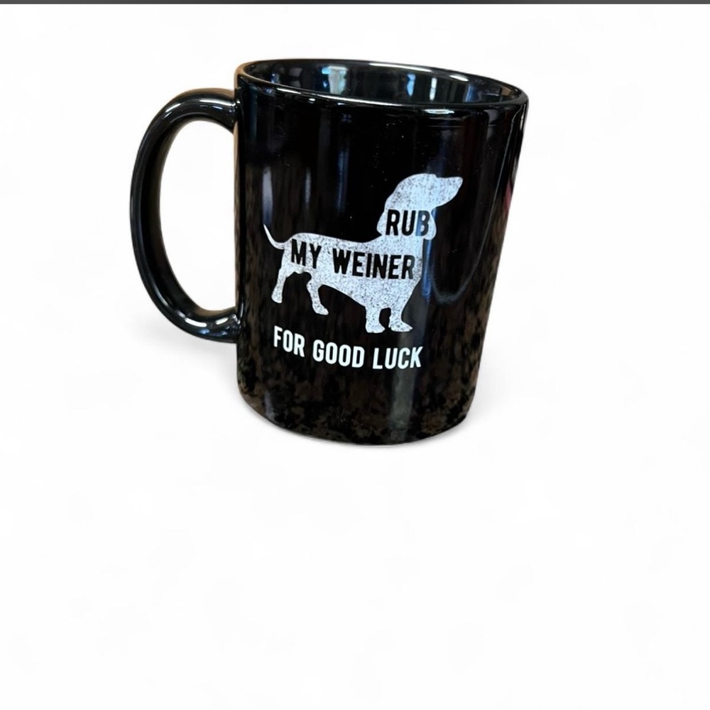 Black Dachshund Graphic Coffee Mug - "Rub My Weiner for Good Luck"